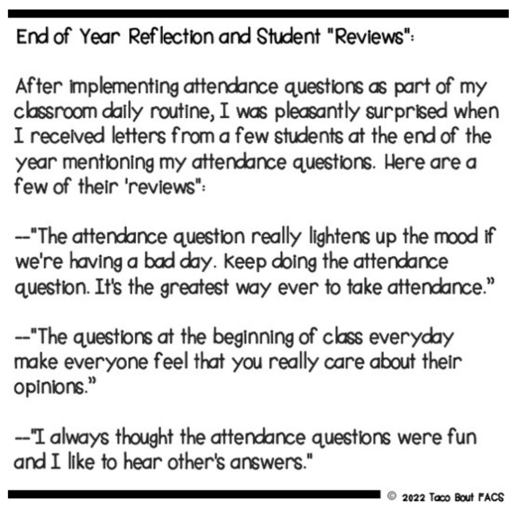 student feedback, daily attendance questions, relationship building in the classroom, 8th grade